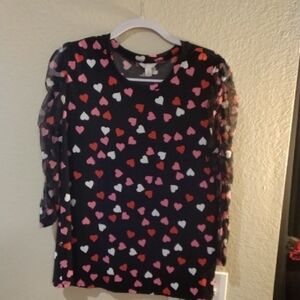 Cato Long Sheer Sleeve Heart Print Top - Black, Red, Pink, White